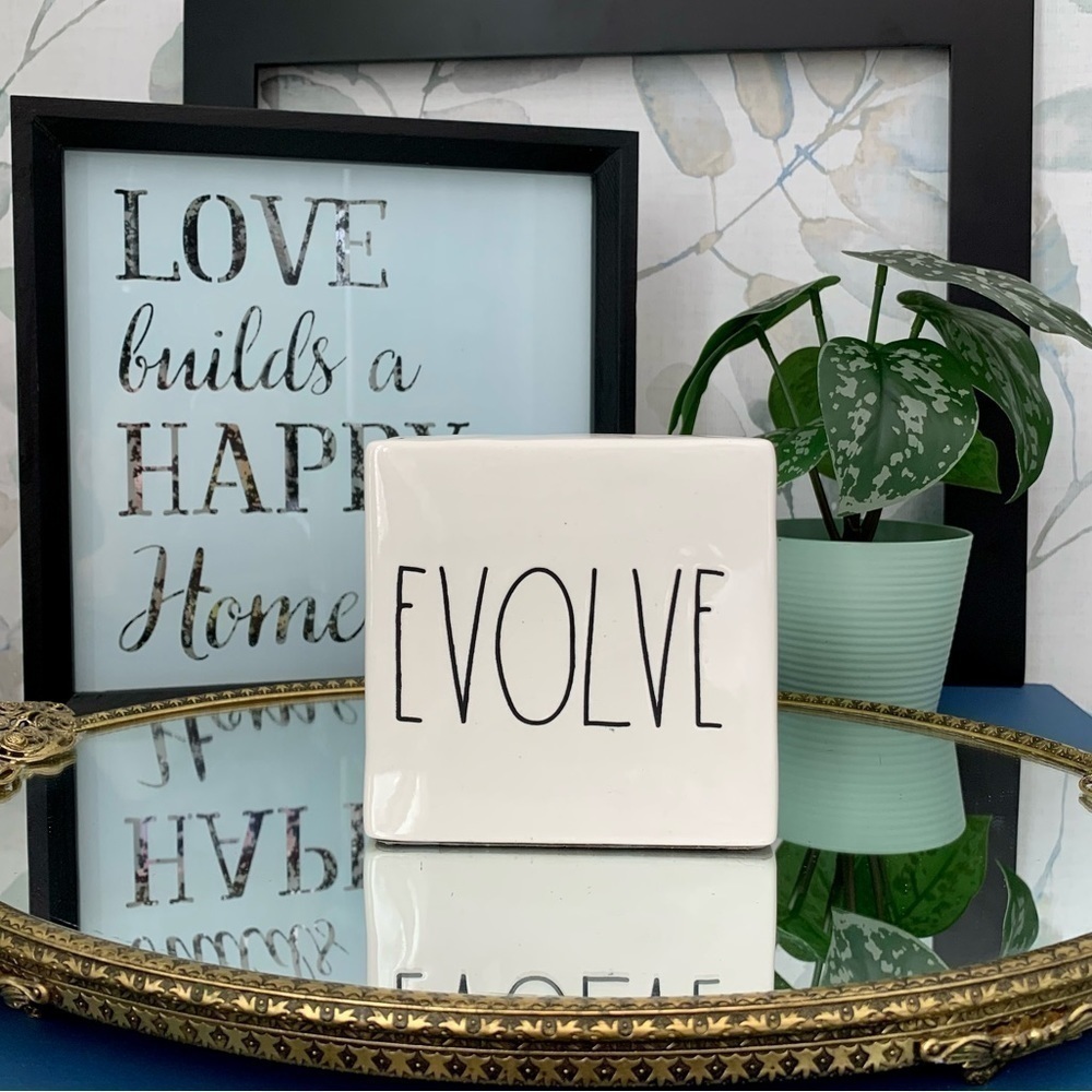 #22 Rae Dunn Think Evolve Double Side Desk Office Paperweight Ceramic Sign Decor - Picture 4 of 9